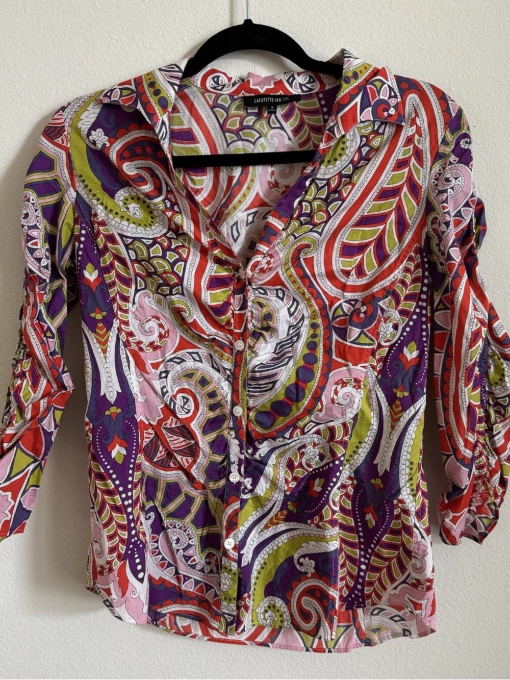 lafayette 148 New York Red Purple Groovy Paisley Button Down Top Blouse 6